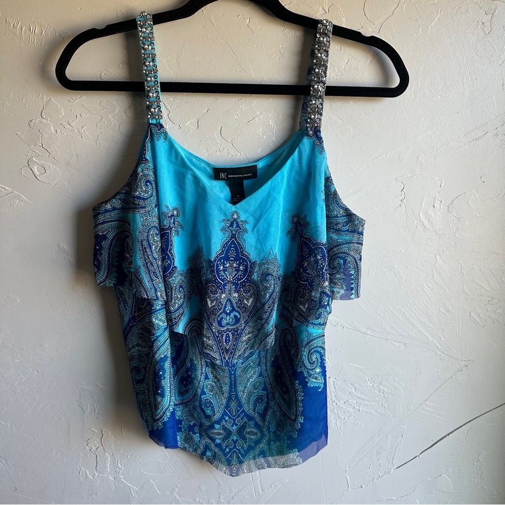 INC Blue Paisley Patterned Sequins and Gem Thick Strapped‎ Tank Sz M Fairy